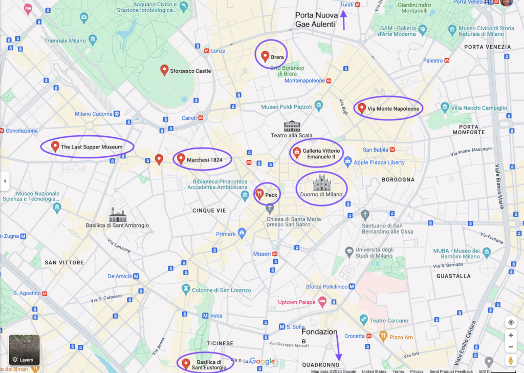 My map of the real highlights, main attractions to see and things to do with one day in Milan, Italy. Plus favorite places for the next day.