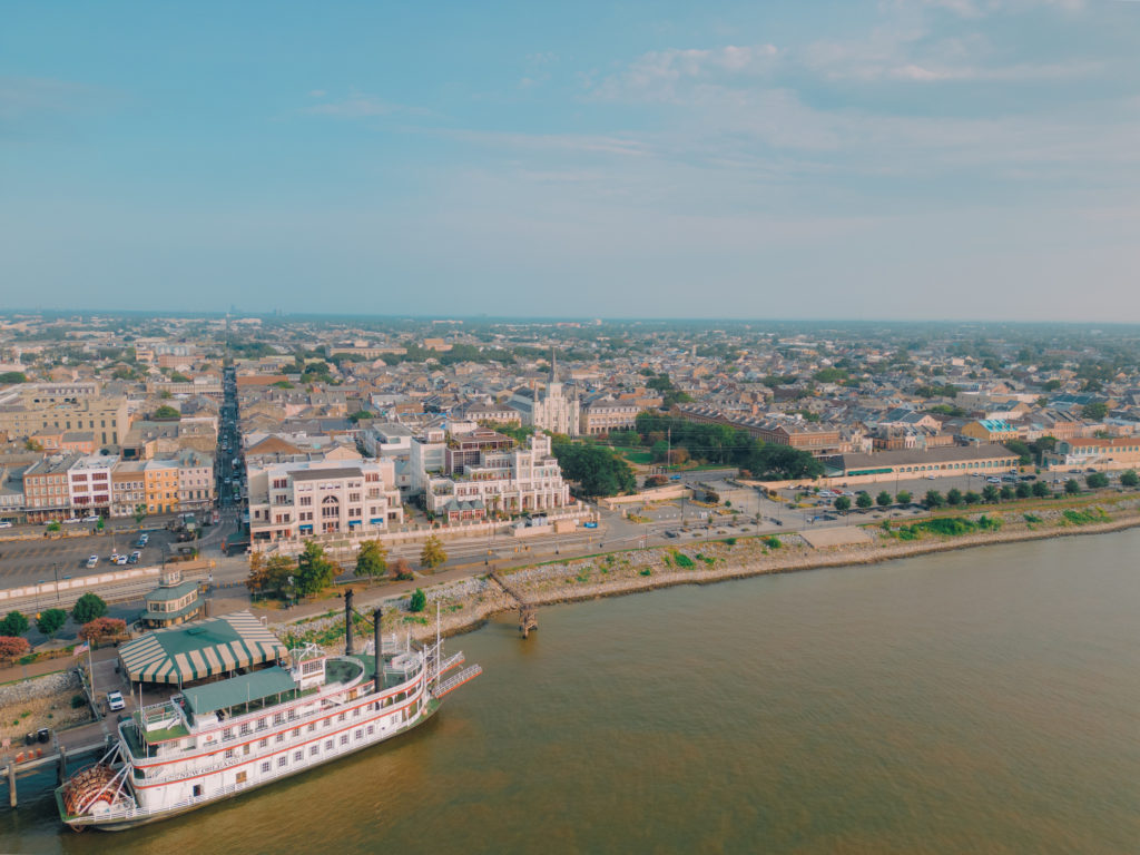 Aerial view of paddlewheeler on the Mississippi River in New Orleans. Photo by Justen Williams/343 Media.