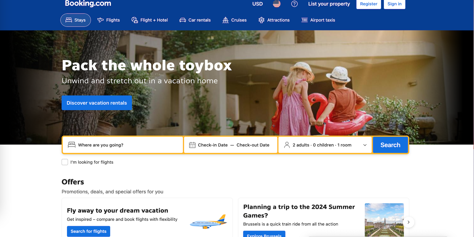 Homepage of Booking.com, one of the best sites for vacaton packages.