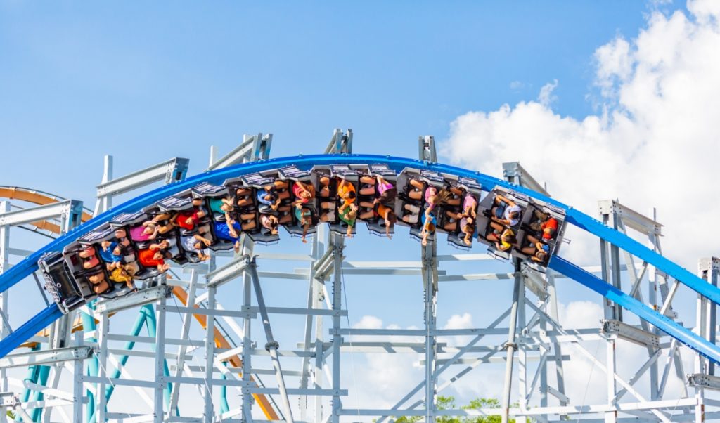 A hybrid wood and steel roller coaster thrills fans at Six Flags Over Georgia. Photo c. Six Flags