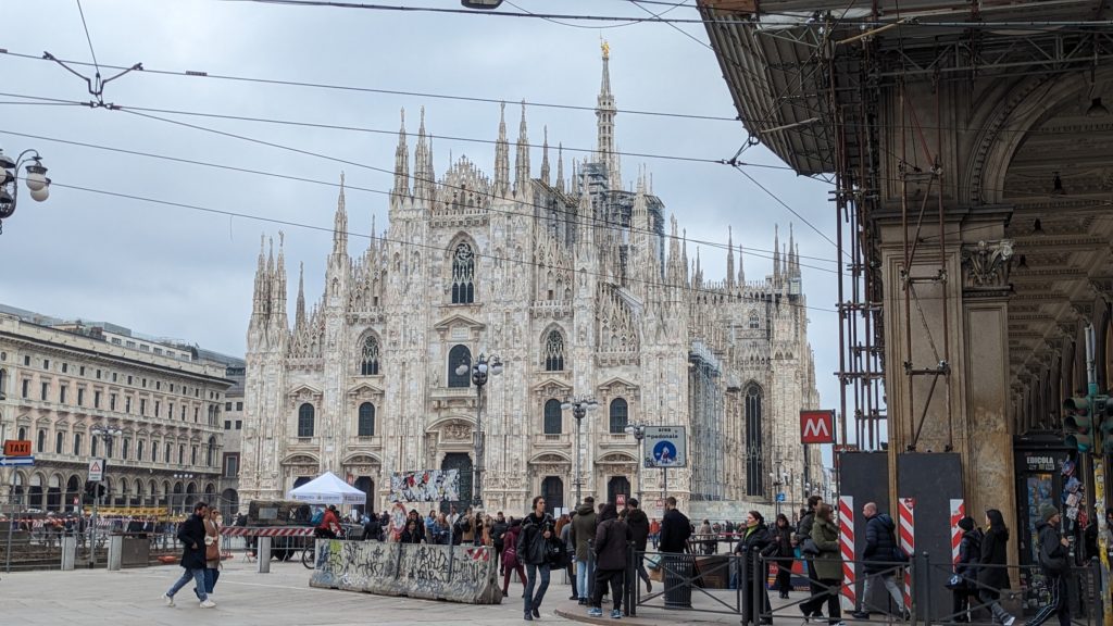 Crowds outside the Piazza del Duomo, the city of Milan's top attraction and the largest Gothic Cathedral in the world.
