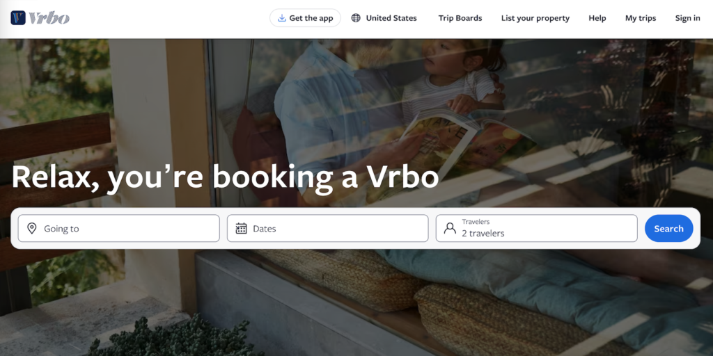 Homepage of VRBO.com, one of the best sites for vacaton packages.