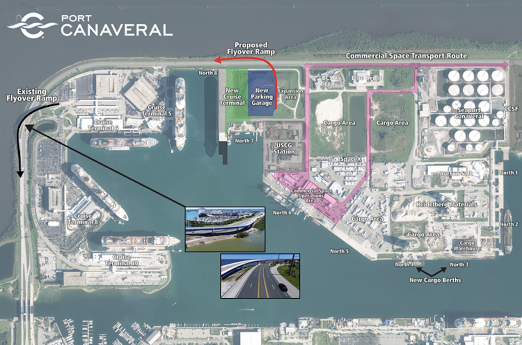 Mapa do terminal de cruzeiros de Port Canaveral, na Flórida, lar de várias empresas de cruzeiros, e a proposta de expansão do novo terminal.  Foto c.  Autoridade Portuária de Canaveral