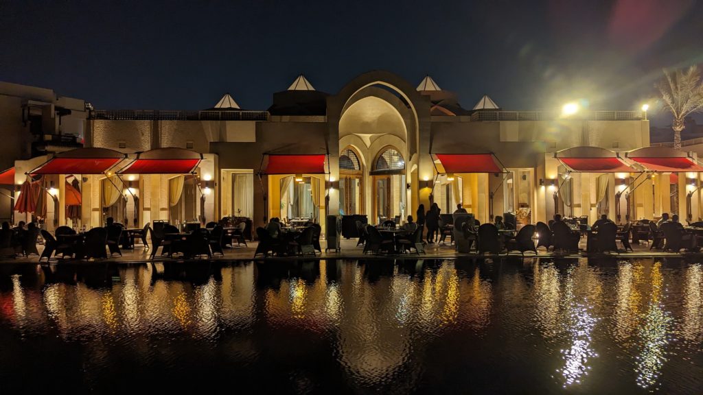 The Moghul Room restaurant at the Marriott Mena House, Cairo is seen reflected in the hotel's fountains.