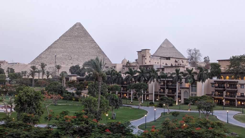 Views of the Pyramid of Khufu, the orignal Mena Palace, and the Pyramid of Khafre from Room 362 at the Marriott Mena House, Cairo.
