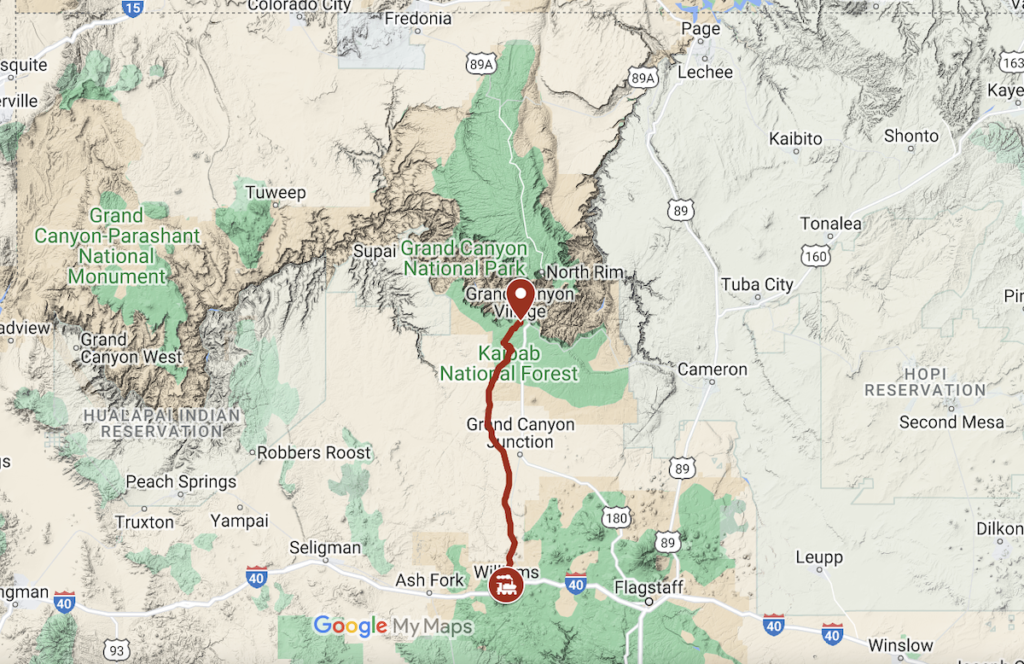 Route map for Grand Canyon Railway c. Google Maps.