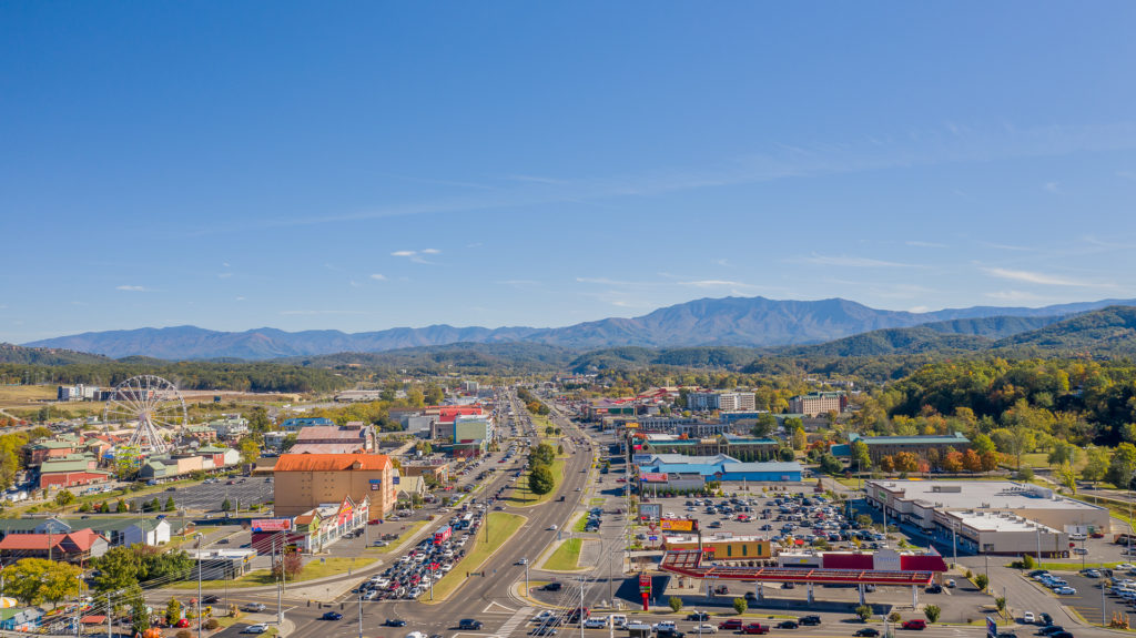 Aerial view of Pigeon Forge, Tennessee. Photo c. Pigeon Forge Dept of Tourism.