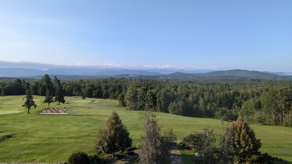 Nine-hole golf course at the Mountain View Grand winds around the 1,700 wooded acres managed by this luxury New Hampshire spa resort in the White Mountains.