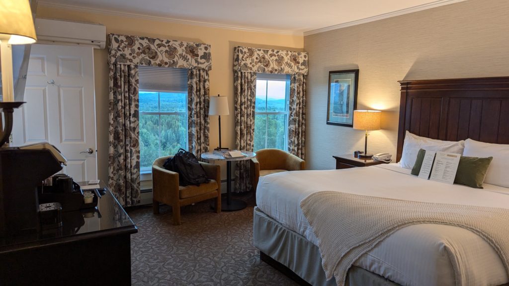 Guestroom at the Mountain View Grand, a luxury New Hampshire spa resort in the White Mountains.