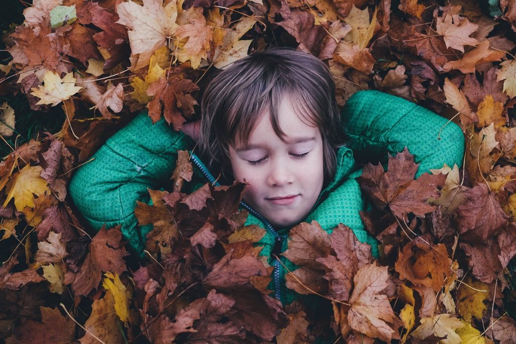 Child in blue jacket sleeping in pile of fallen leaves.