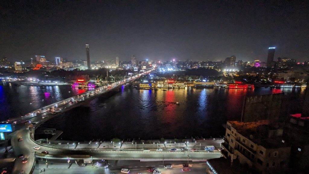 Aerial view of Cairo's Nile Corniche from Zamalek Island.