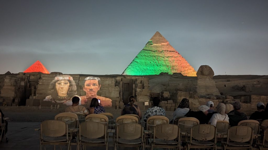 Light projections, narration and music are part of the nigthtly Pyramids of Giza Sound n' Light Show.