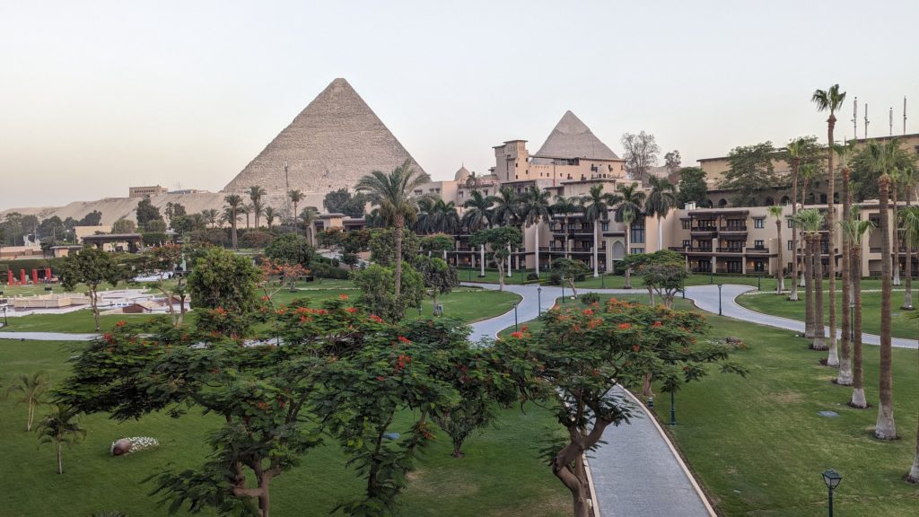 Pyramids of Giza seen from a room at the Marriott Mena House Cairo in Egypt.