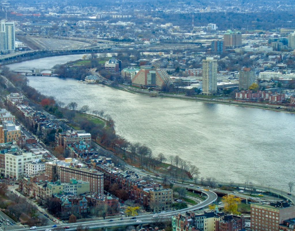 Boston skyline and aerial view of the Charles River in autumn, photo c. Michelle Raponi for pixabay.