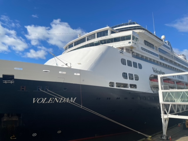 The bow of the Holland America Ship, Volendam, at port in New York City.