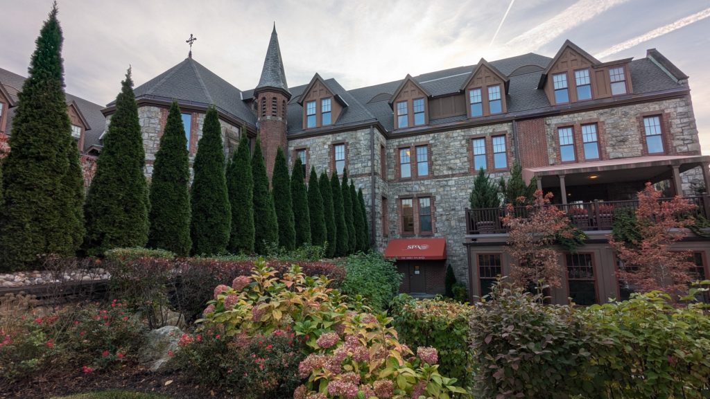 The turrets and castle architecture of the former Convent of the Sisters of Saint Mary, now the Abbey Inn & Spa in Peekskill, New York.