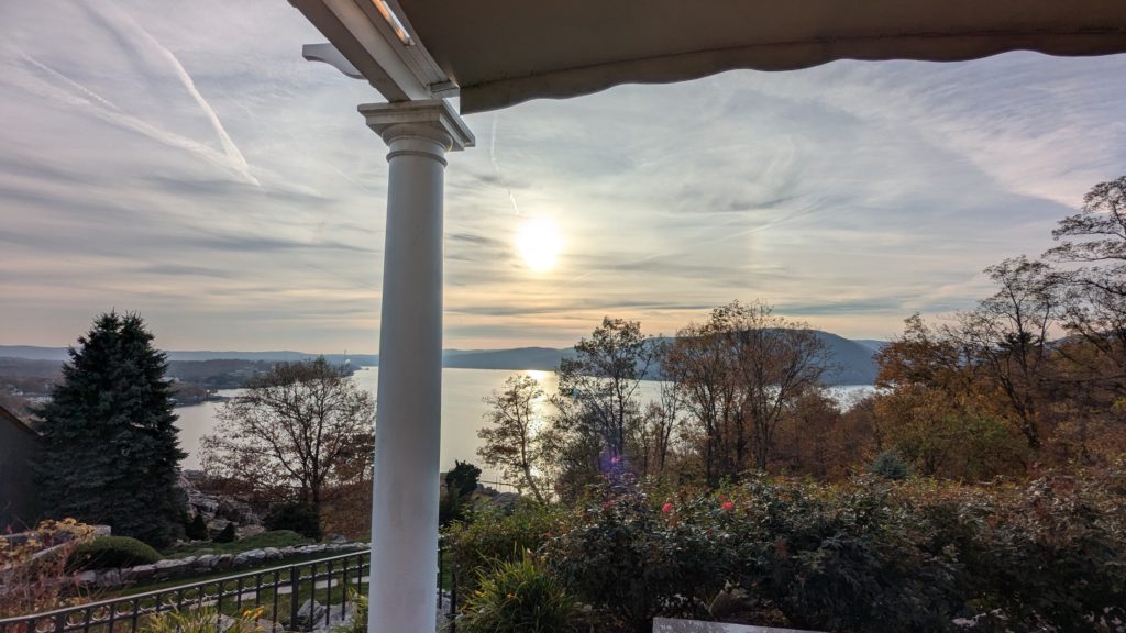 Hudson River views seen from the front porch of the Abbey Inn & Spa in Peekskill, New York.