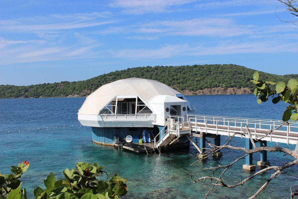 Aerial view of the Coral World Ocean Park Underwater Observatory on St. Thomas. Photo c. Coral World