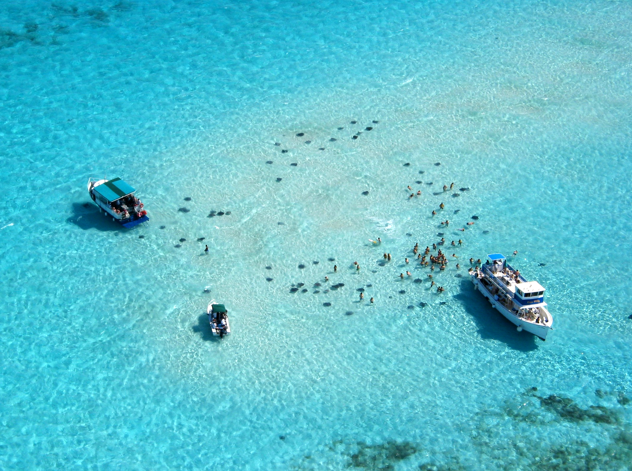 Drone view of Stingray City water attraction, Cayman Islands