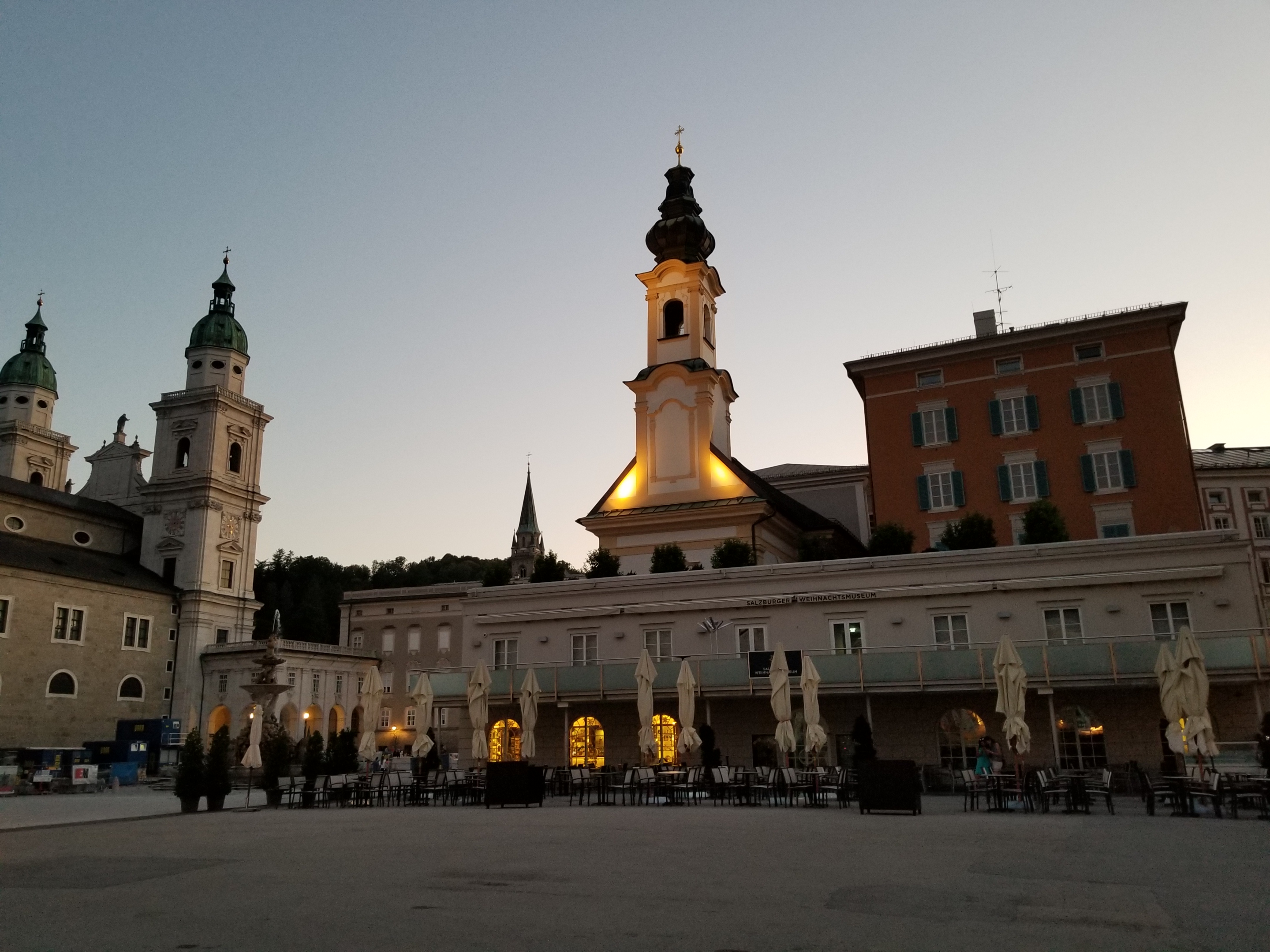 Salzburg's old town, at dusk
