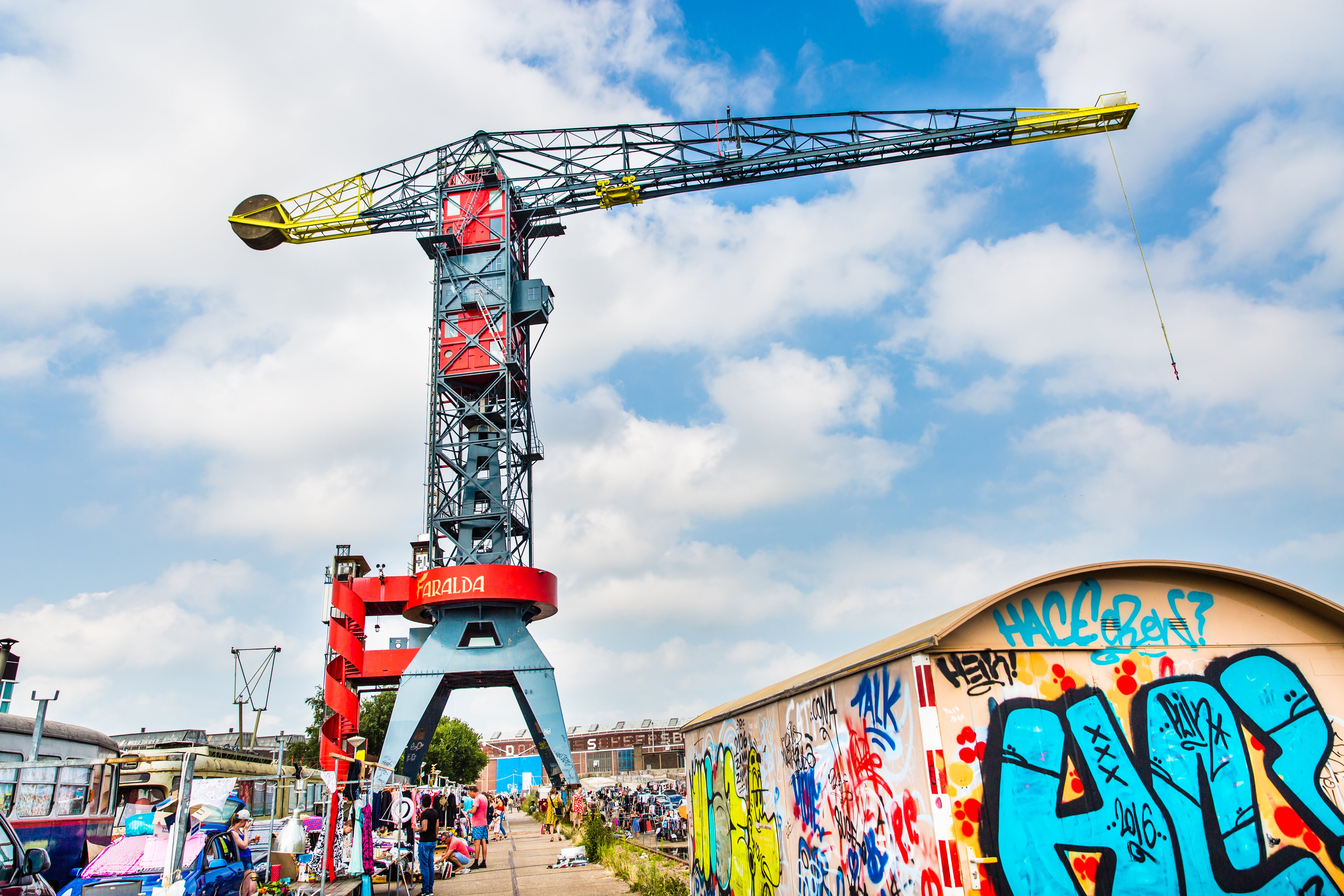 Crane Hotel Faralda towers over NDSM-plein in Amsterdam.