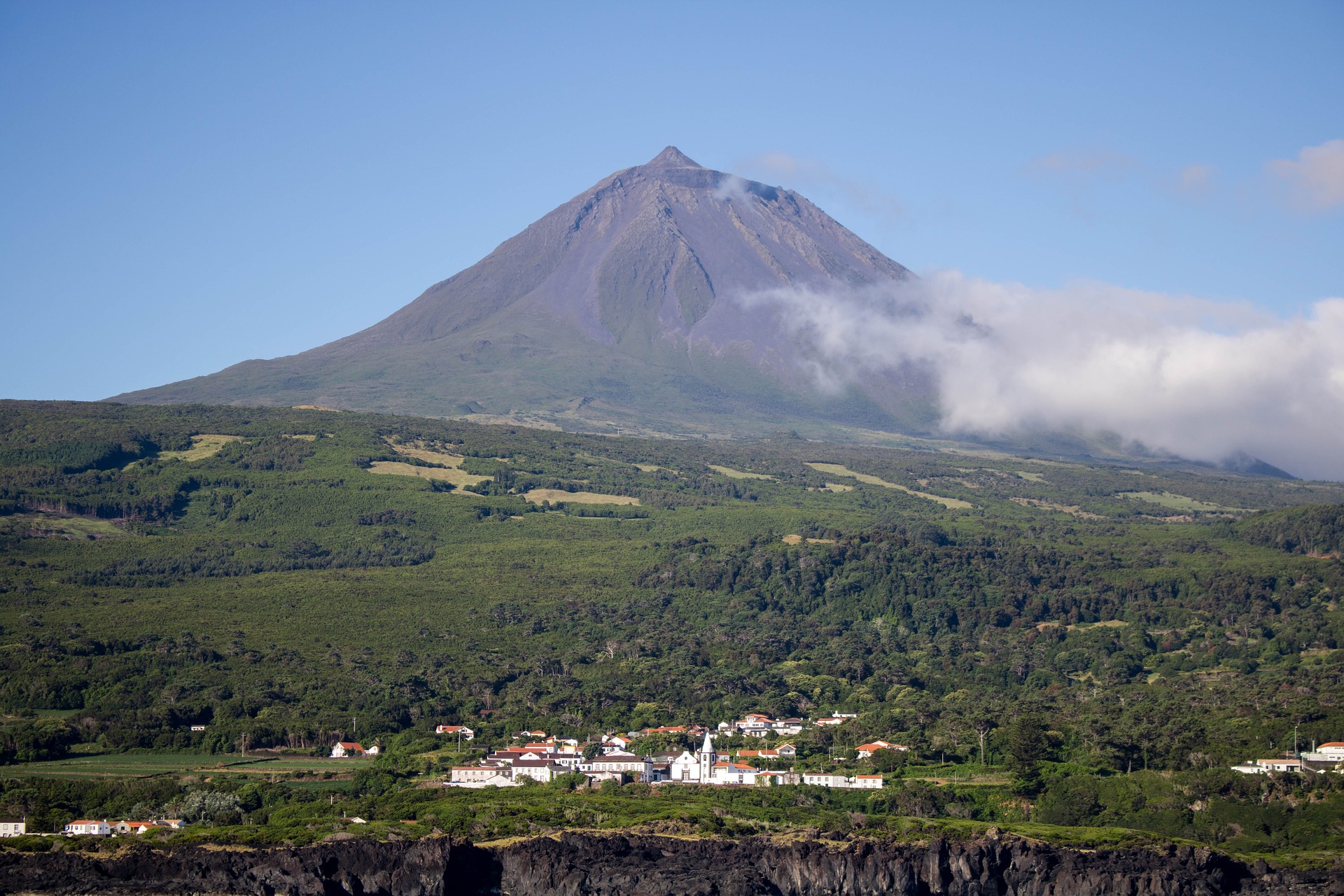 Volcano dominates the skyline on this island in the Azores