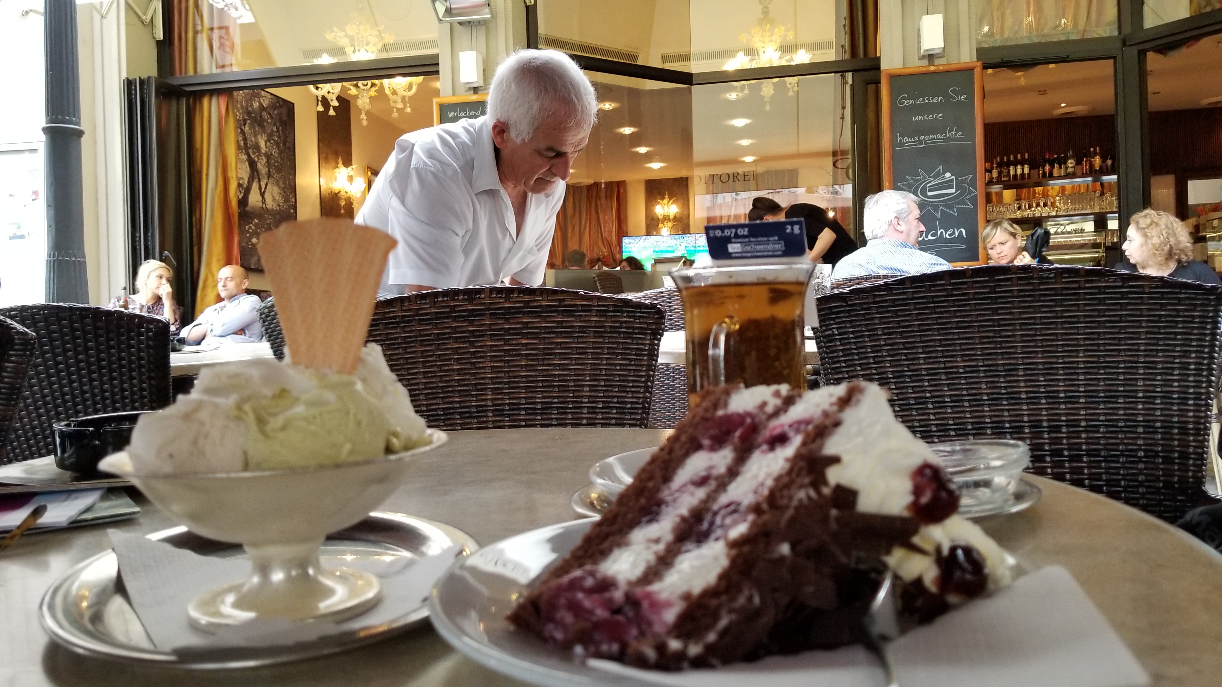 Homemade ice cream and Black Forest Cake at the chandeliered Cafe Konig in Baden-Baden.