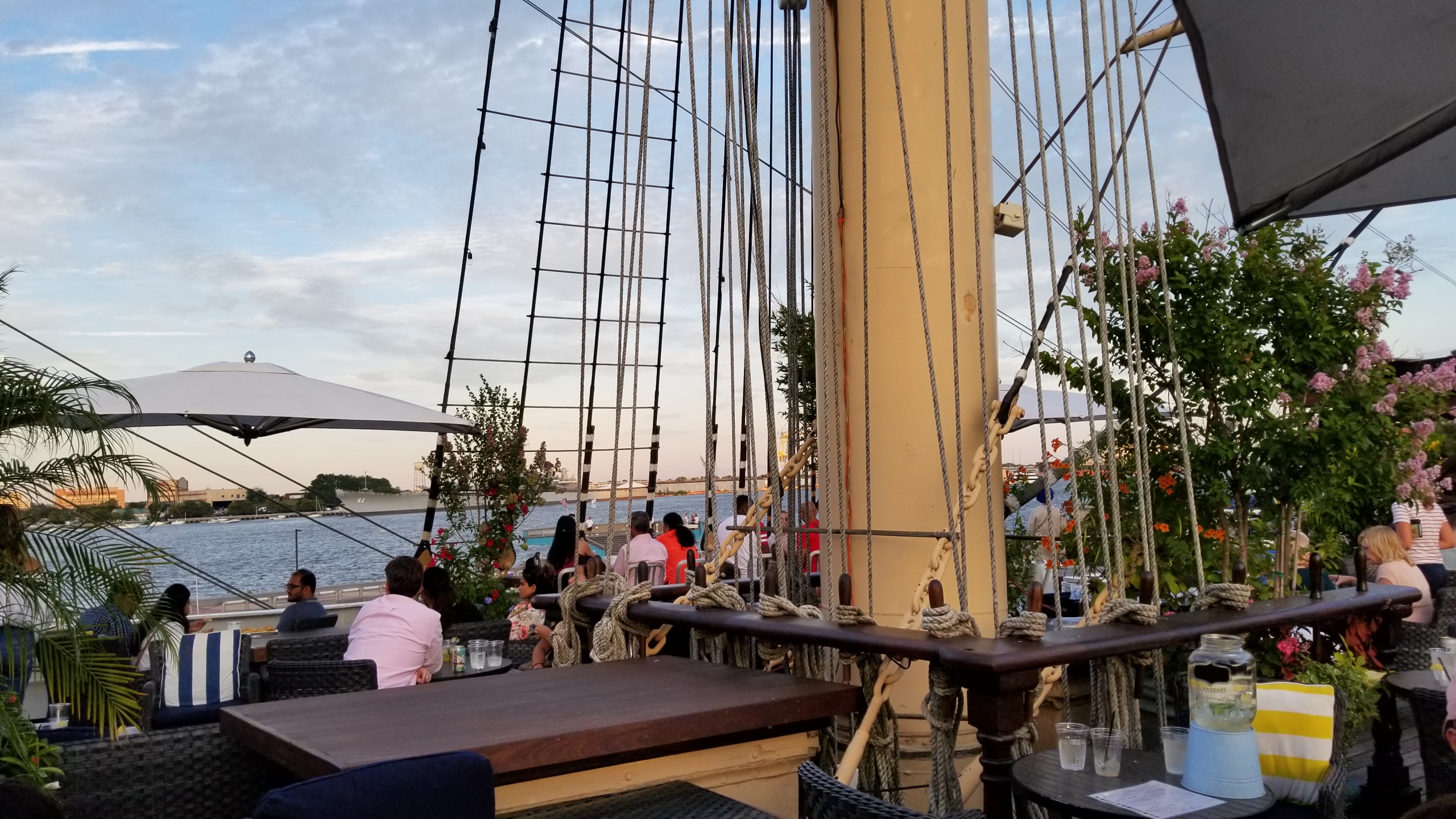 Tour Philadelphia's historic Seaport from the upper deck bar at the Moshulu, a restored clipper ship.