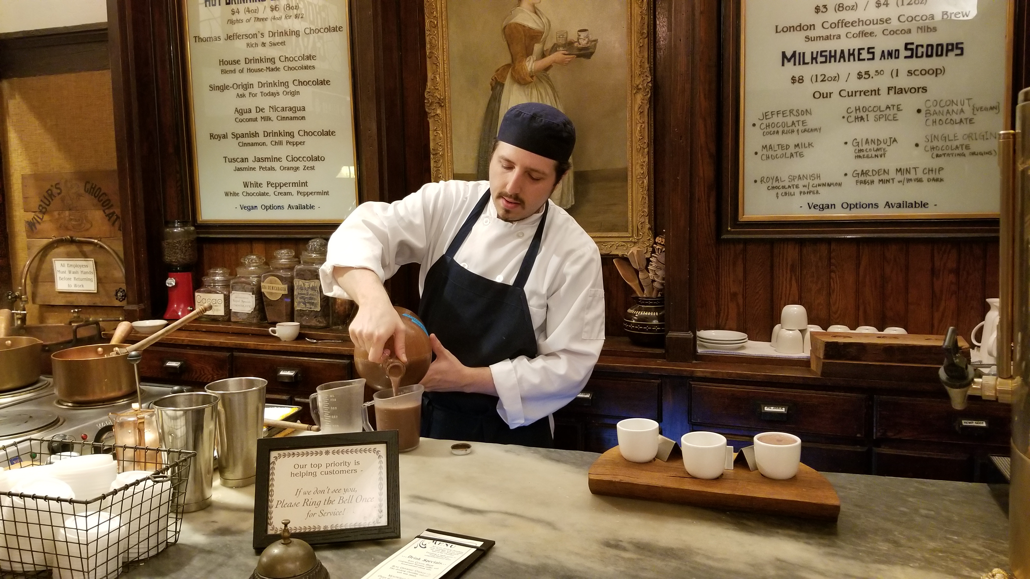 Enjoy hot chocolate prepared in the colonial style at historic Shane's Confectionary in Philadelphia.