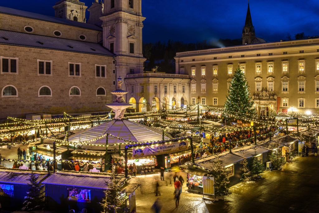 The historic Salburg Christmas Market is held outside the Dom Cathedral Square. photo by G. Breitegger for Tourismus Salzburg