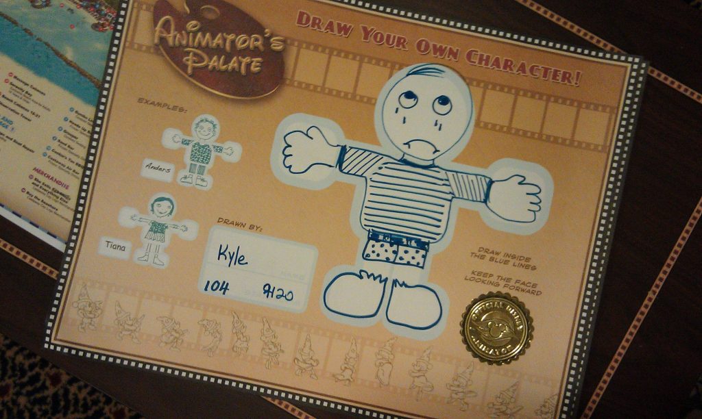 At Animator's Palate, guests draw stick figures on placemats that are incorporated into a live cartoon.