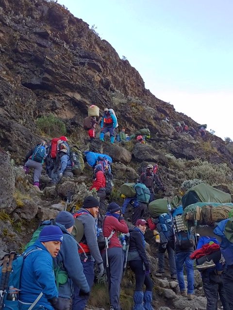Group climbs the rocky Karanga Valley trail towards summit of Kilimanjaro.