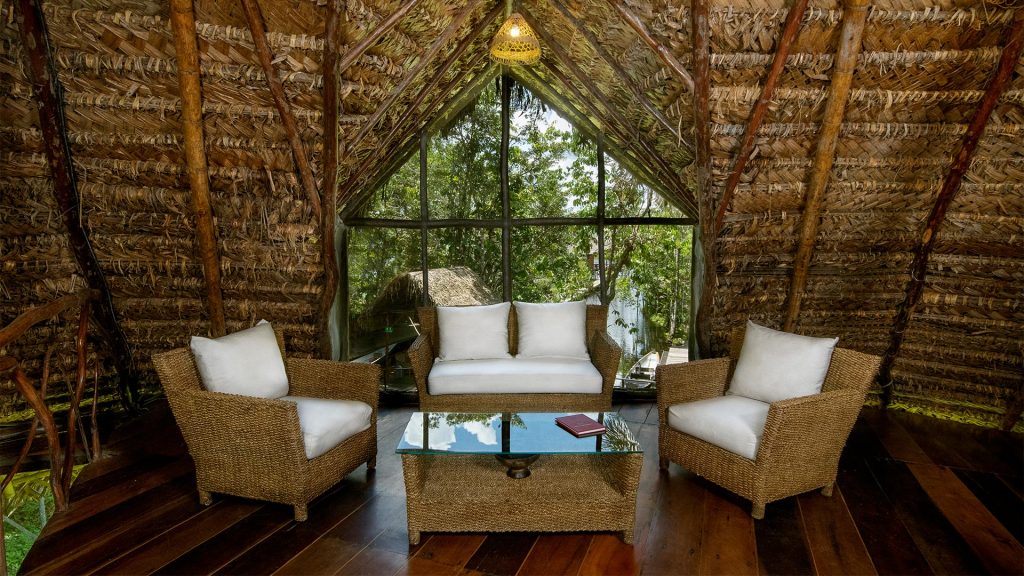 The thatch-roofed bar at the Sacha Lodge, Ecuador
