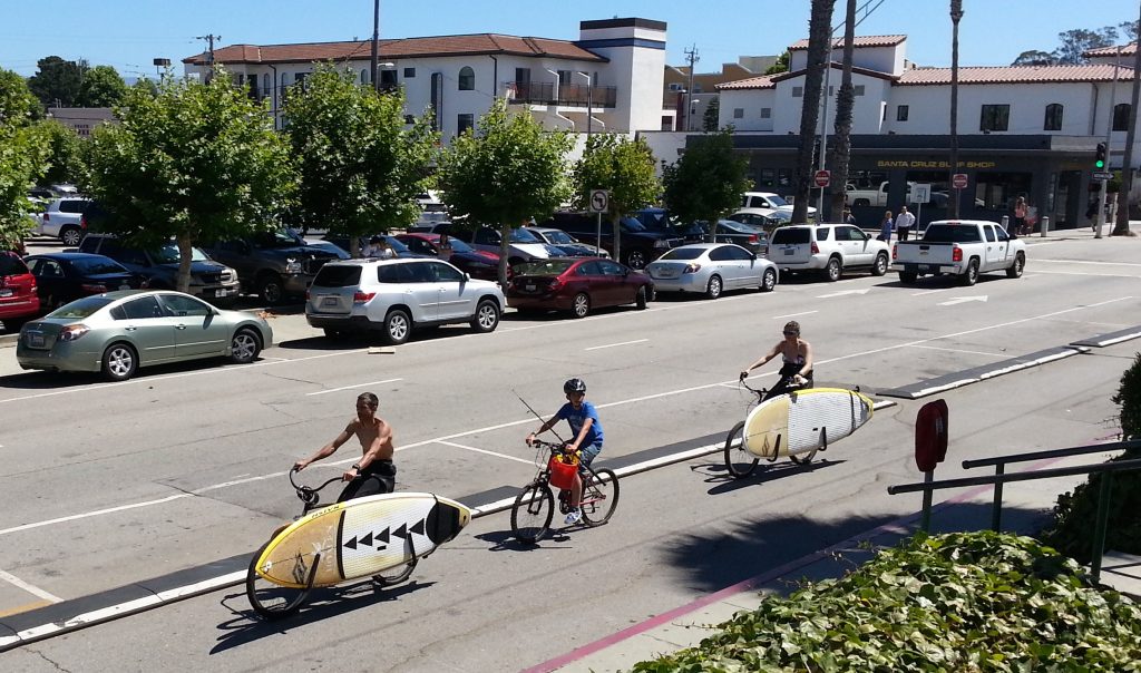 Surfboards carried by bicylcles in Santa Cruz.