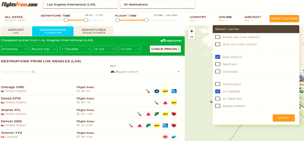 Choose filters to sort through the flight options.