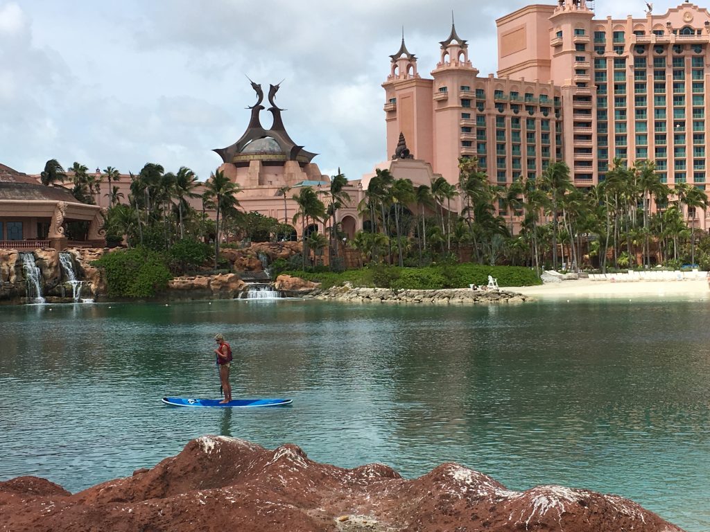 Trying standup paddleboarding in the lagoon at Atlantis.