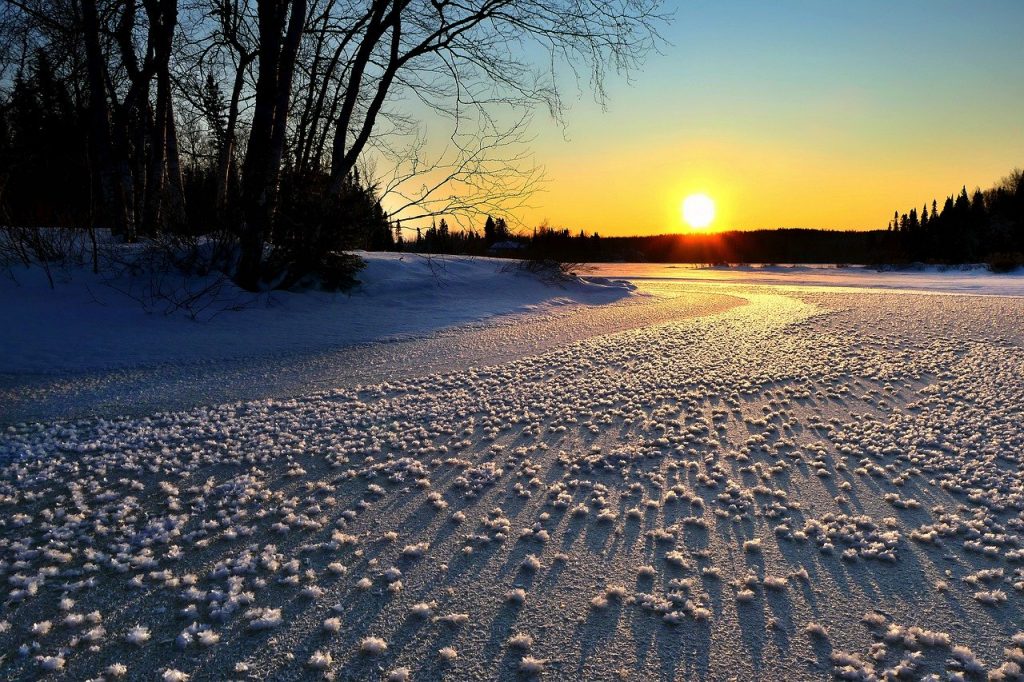 Frozen lake at dusk. Photo by Alain Audet for pixabay.