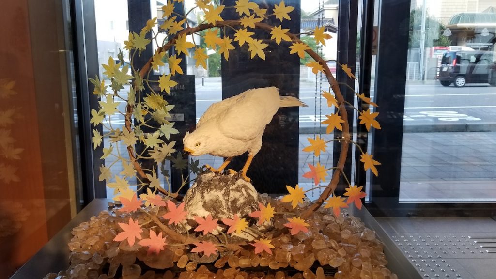 Bird and fall leaves are an edible sculpture at Kanazawa's Confection Museum.