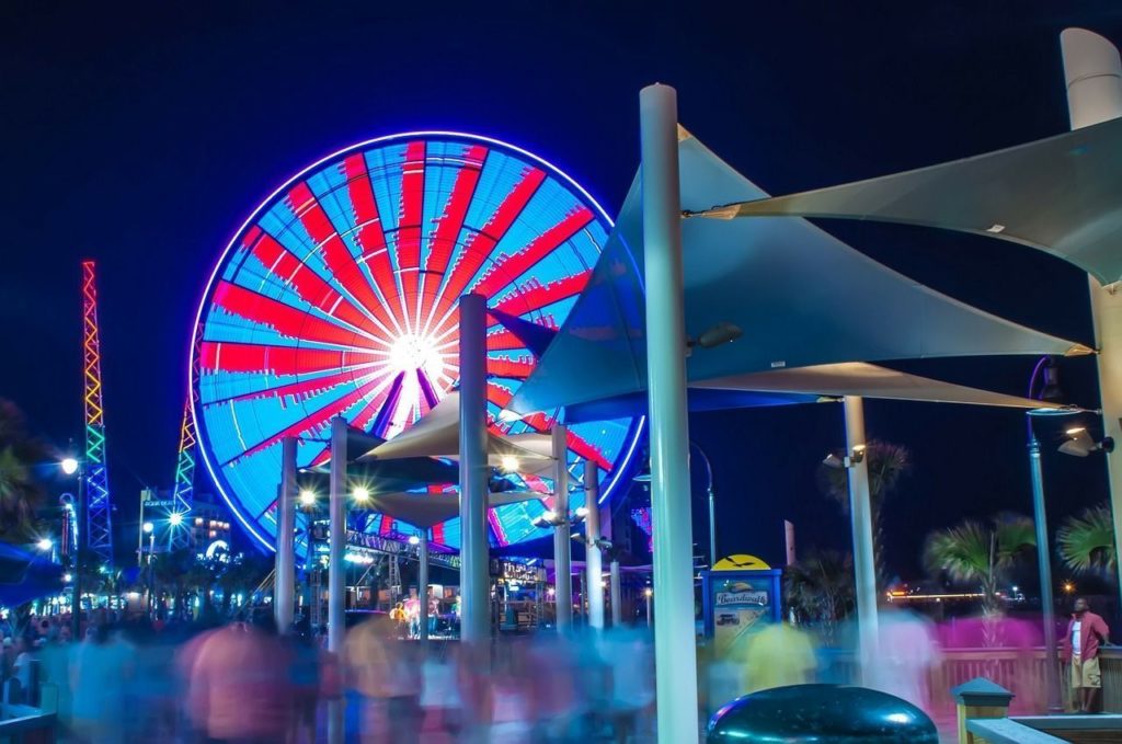 Myrtle Beach boardwalk at night.