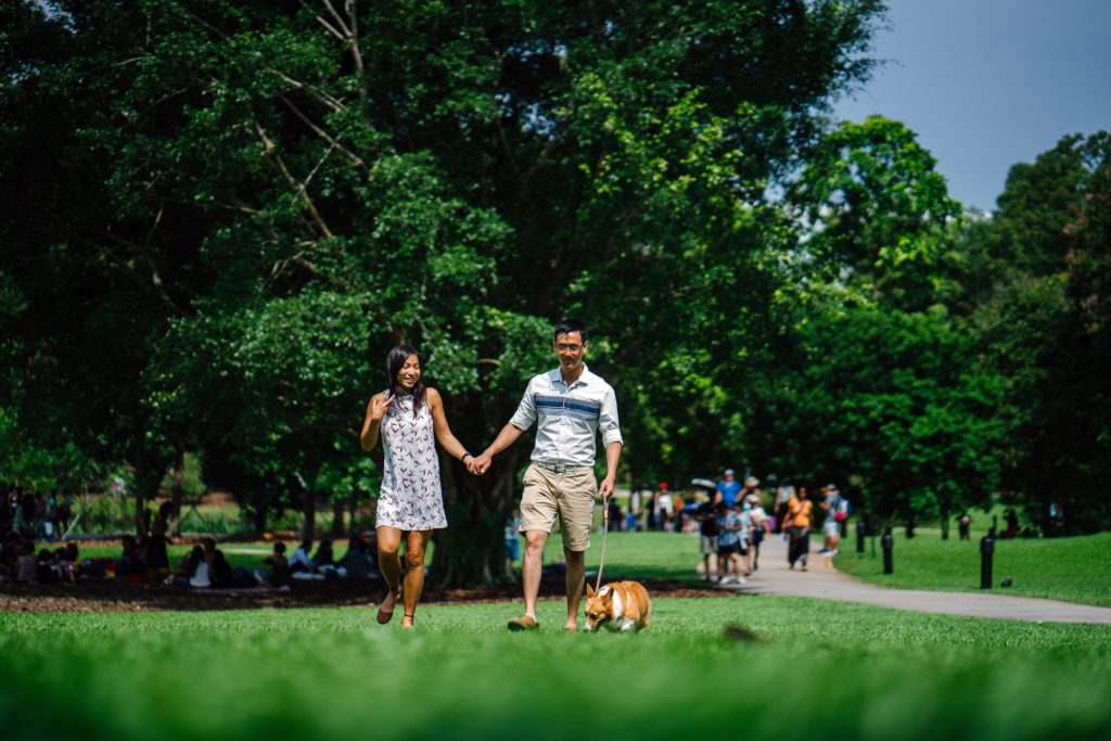 couples walking dog in city park