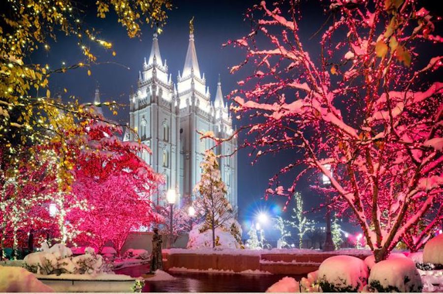 Temple in Park City Utah is illuminated for the holidays.