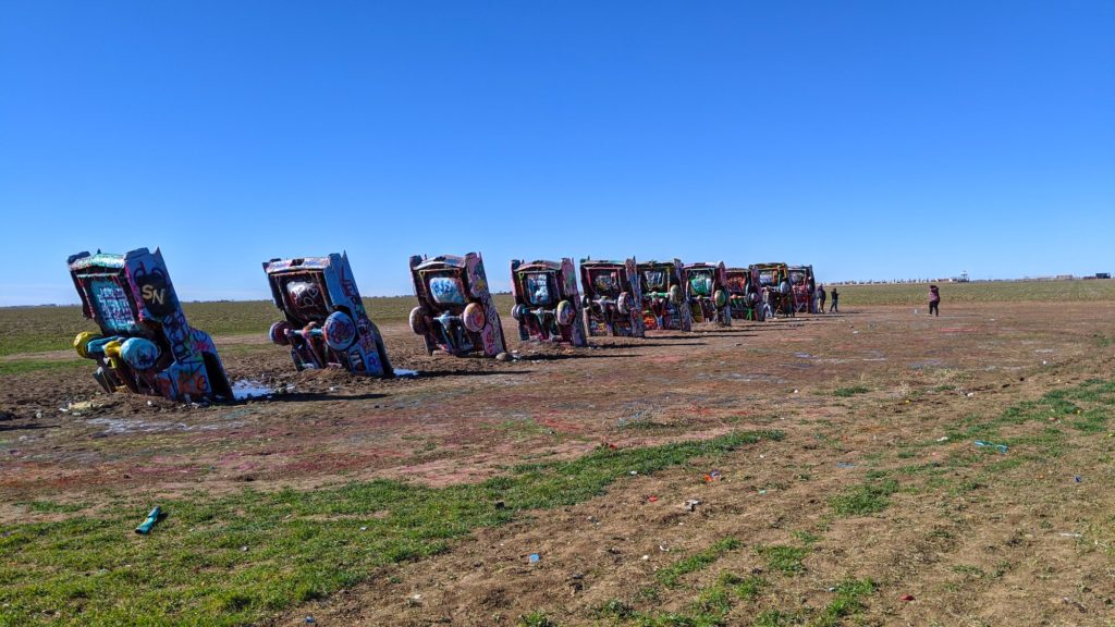 Cadillac Ranch, a road trip icon of 10 buried vintage Cadillac cars.