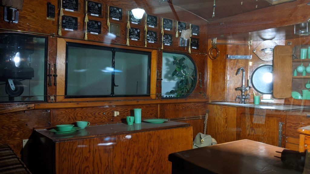 The interior of a 1935 Airstream Torpedo motorhome, one of the earliest in existence, at Sisemore RV Museum.