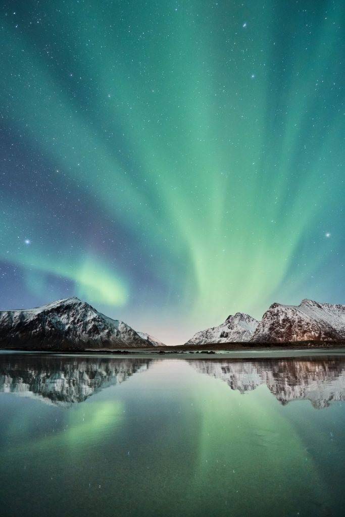 The stunning display of Northern Lights can be seen at night in Iceland.