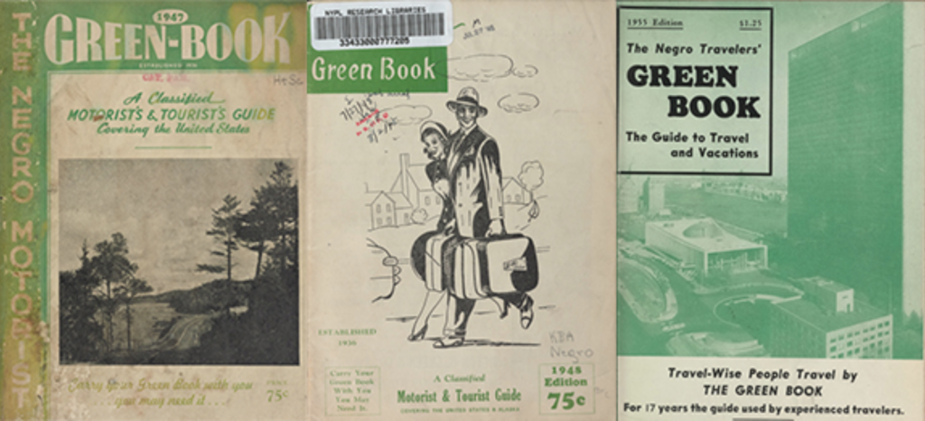 Three covers of the Negro Travelers' Green Book from the years 1947, 1948 and 1955 at the New York Public Library