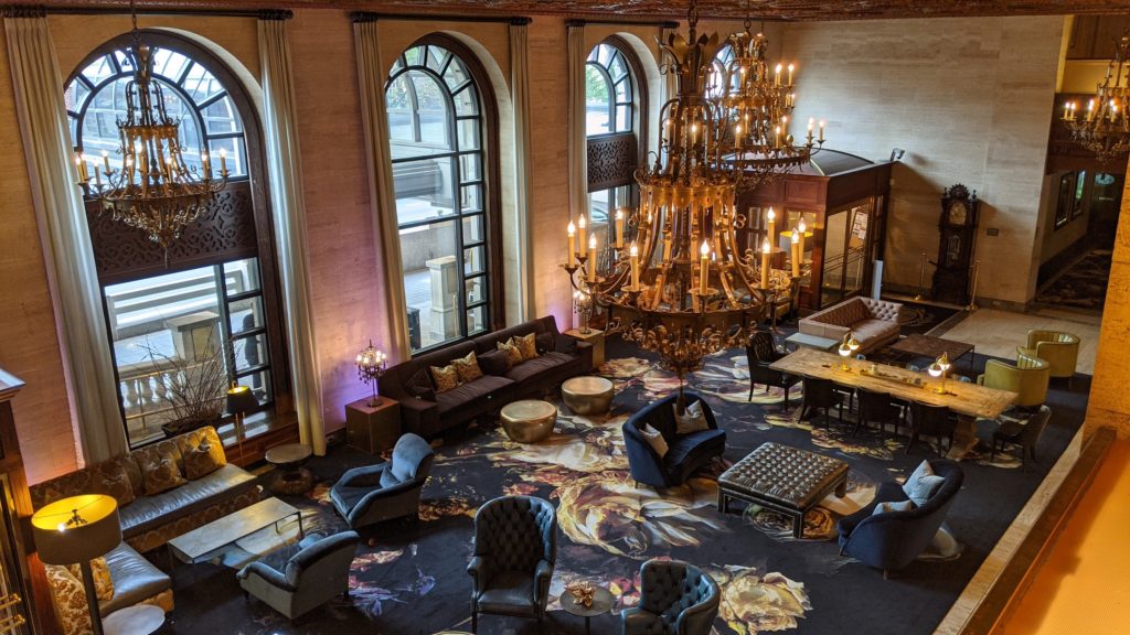 Grand Lobby of the Hotel Dupont seen from mezzanine.