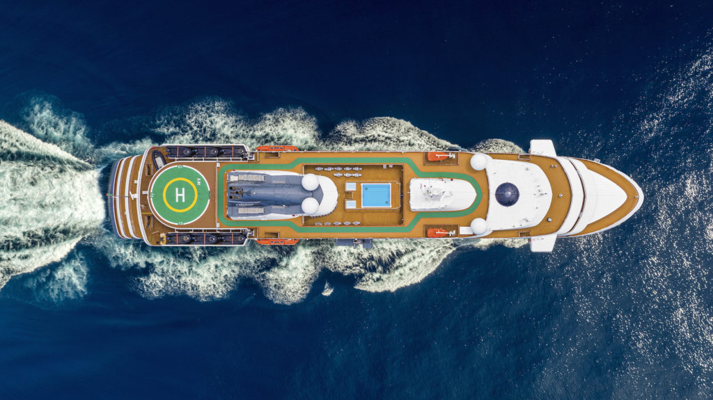 Aerial view of ship World Navigator from Atlas Ocean Voyages