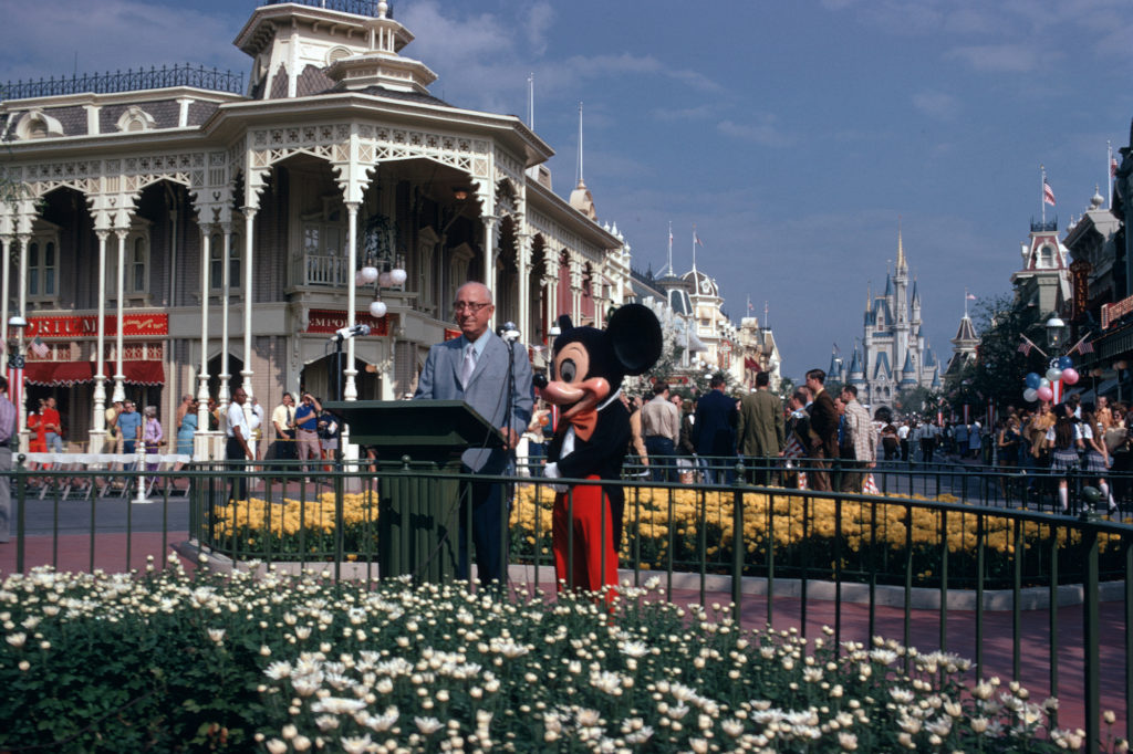 Roy O. Disney and Mickey Mouse at the Oct. 25, 1971, dedication ceremony for Walt Disney World Resort on Main Street, U.S.A., in Magic Kingdom Park in Lake Buena Vista, Fla. (Disney)