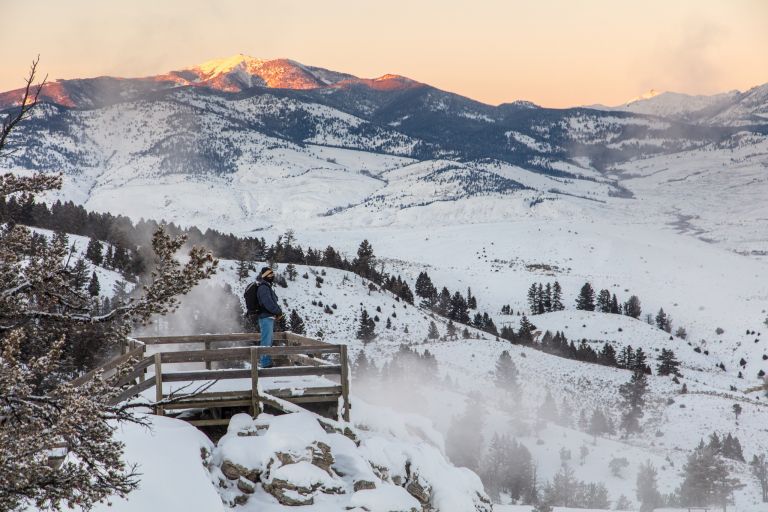 Man viewing steam rising from a hot spring at Yellowstone National Park.