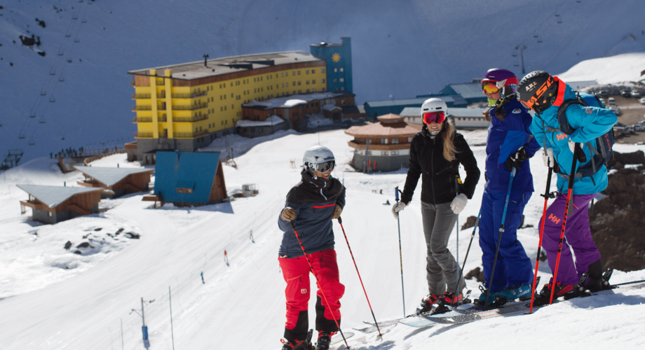 Group of skiers on the slopes at Portillo in Chile.